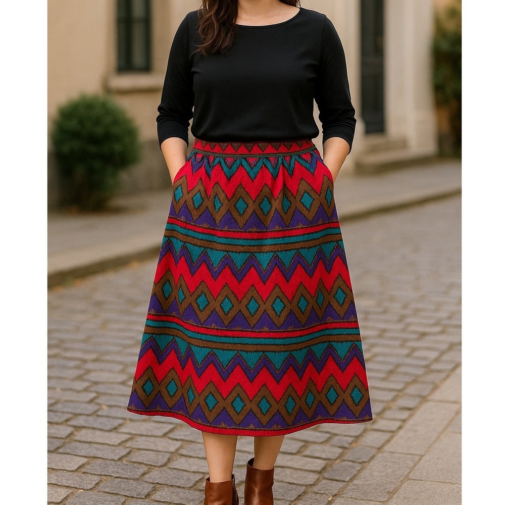 Vtg 80s Pykettes Southwestern Geo Print Corduroy Maxi‎ Skirt Size 14 Aztec